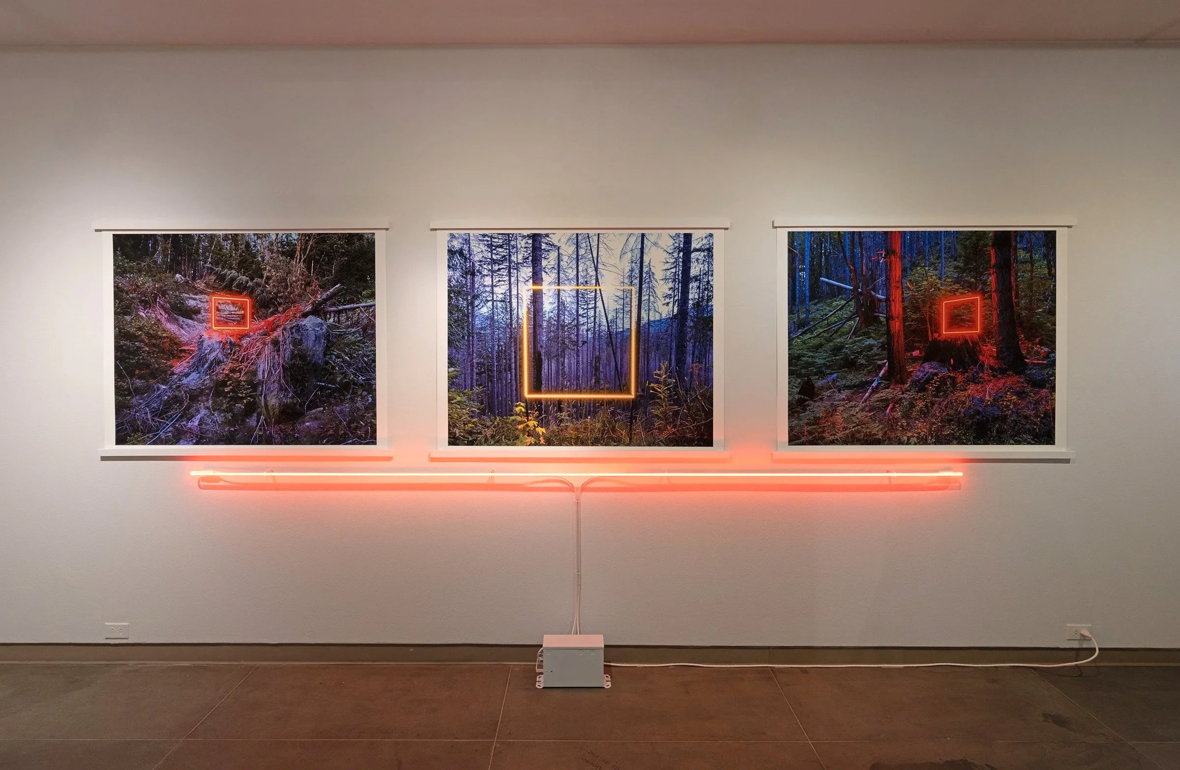 Kelsey Fernkopf and Steve Gilbert, Fire Line Triptych, 2026, Photography, Neon Installation, 15', Photo credit: Steve Gilbert