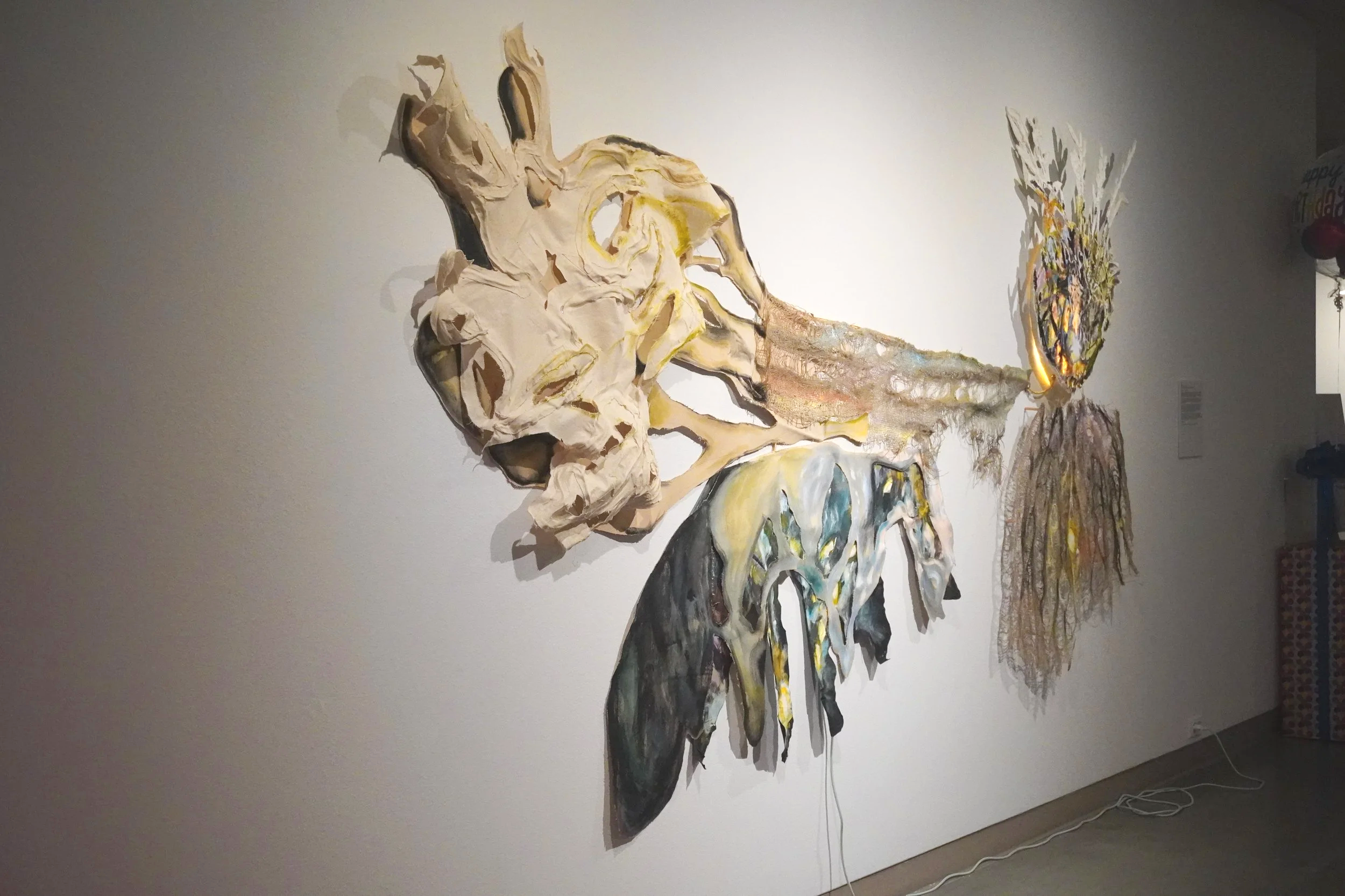 Niki Keenan, They Give Me So Much, 2026, Acrylic on canvas, jute, plaster and wire with lighting component, 72" x 96" x 4"