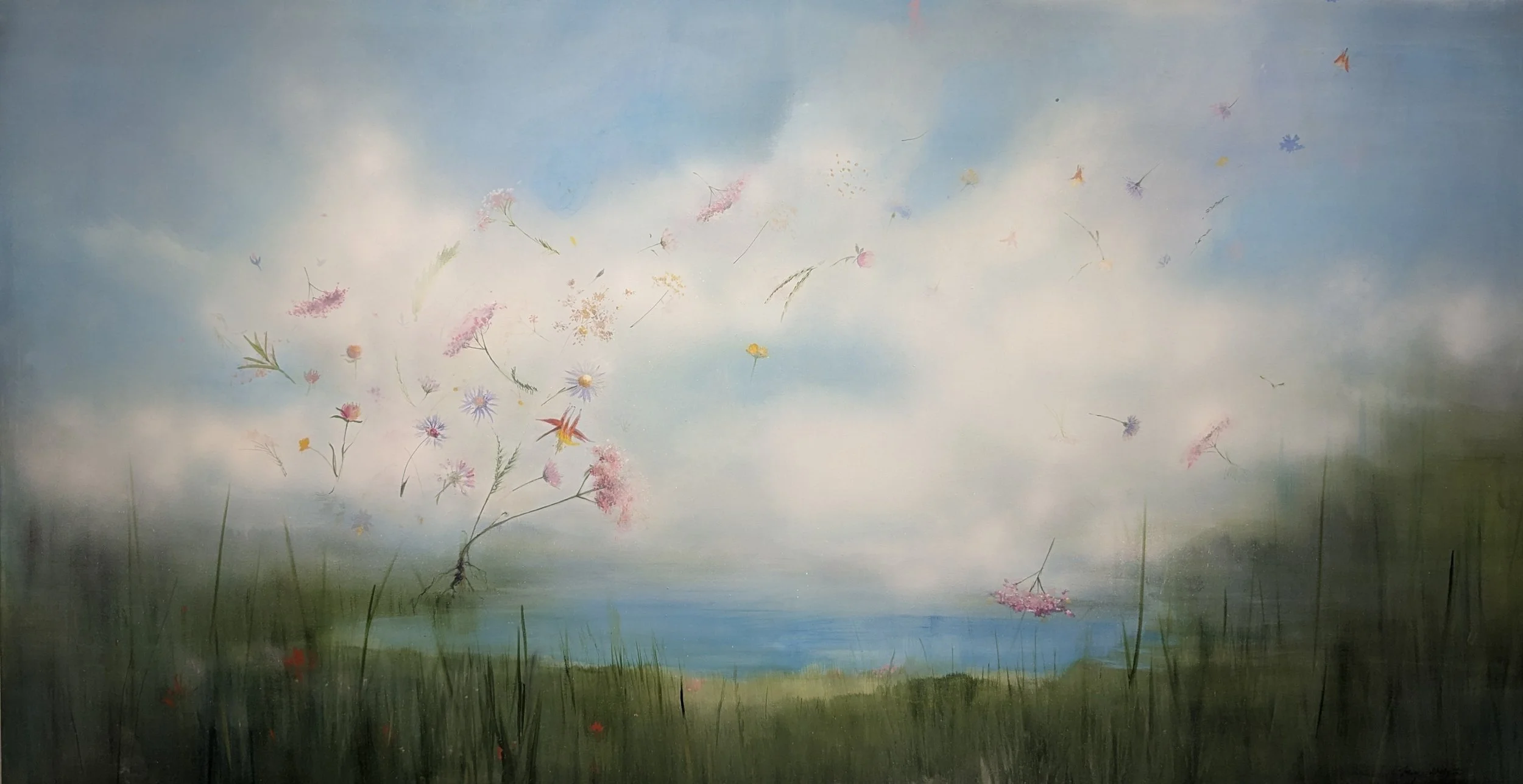 A painting green grass, flowers blowing in the air against a bright blue sky.