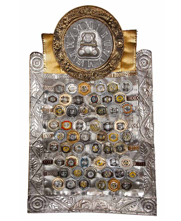 Time Piece (Tombstone with Bear and Bees), 2022–23. Oil paint, watches, and perforated tin,   41 × 25 × 3 in. Courtesy of Greg Kucera Gallery, Seattle