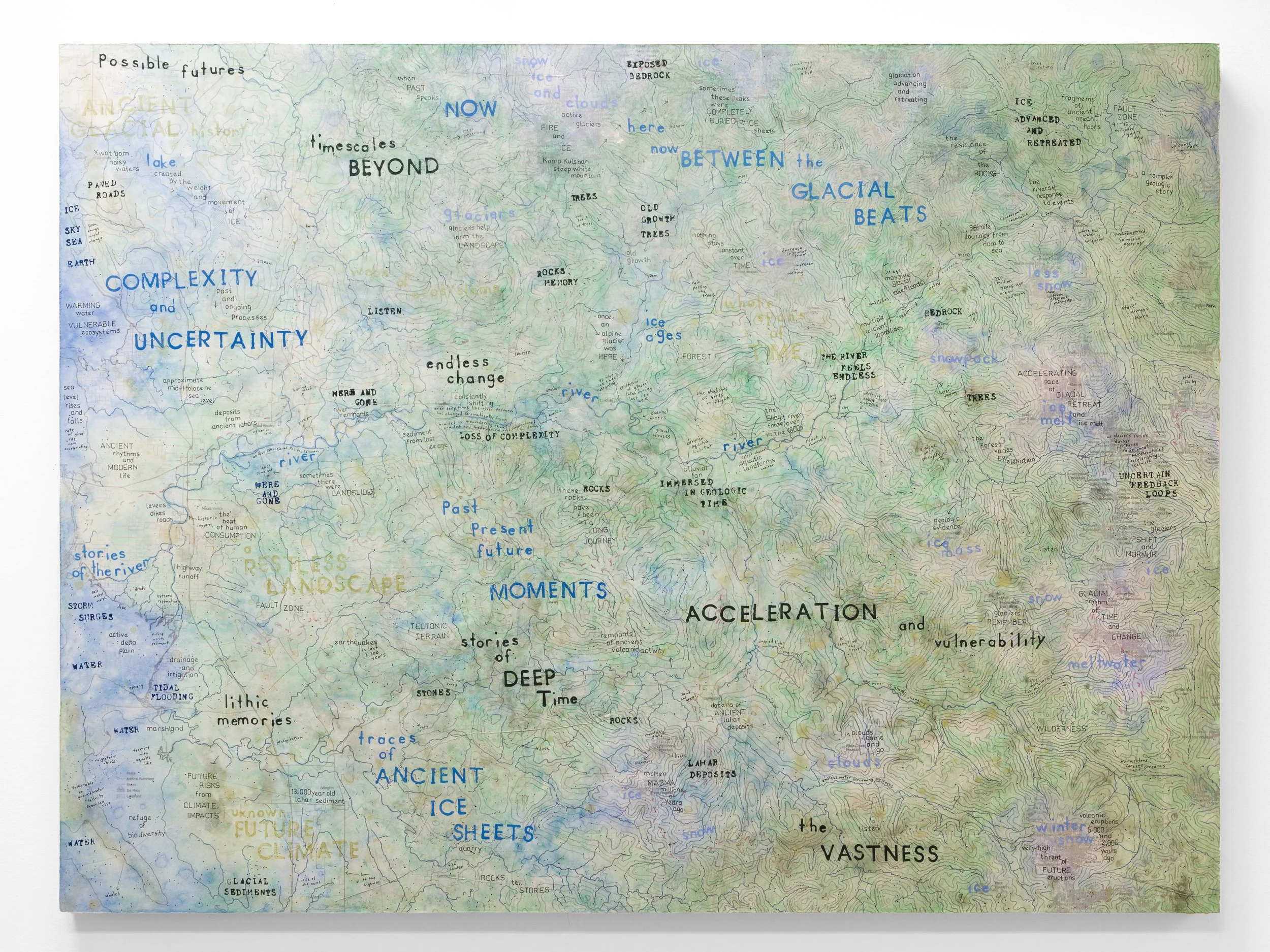 Karey Kessler, Here Now Between Glacial Beats, 2026, watercolor and ink on mulberry paper and map mounted to panel, 36 x 48", image courtesy of the artist