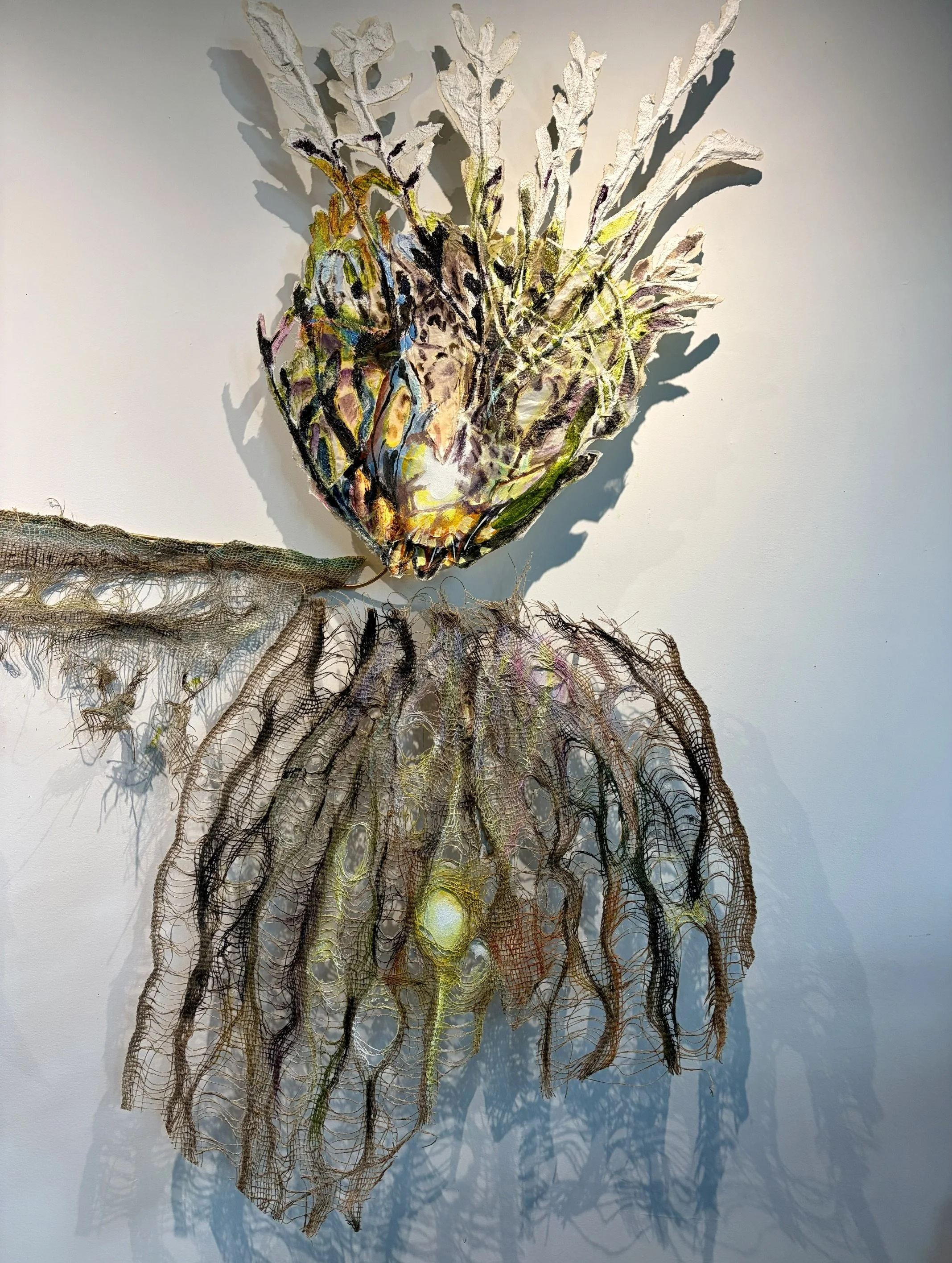 Detail of: Niki Keenan, They Give Me So Much, 2026, Acrylic on canvas, jute, plaster and wire with lighting component, 72" x 96" x 4"
