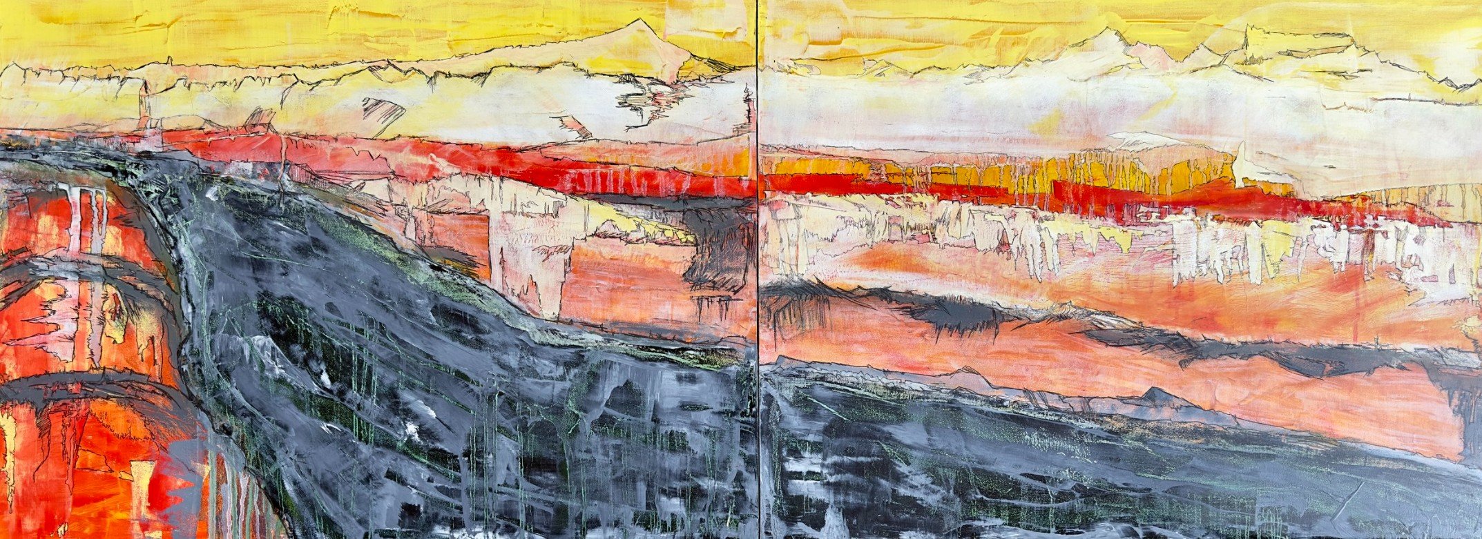 Camas Logue, Cement Fishing Place, 2016, Oil and Graphite on wood panel, 18 x 48 (diptych)