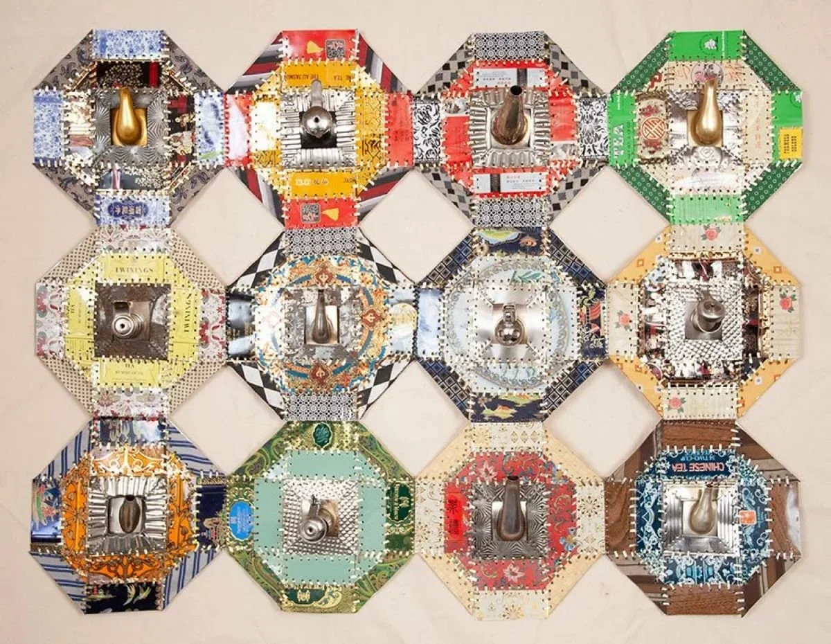Ross Palmer Beecher, Downton Abbey Quilt, 2019, Tin, aluminum, silk neck ties, and tea pot spouts, 30 x 40 x 4”, Greg Kucera Gallery