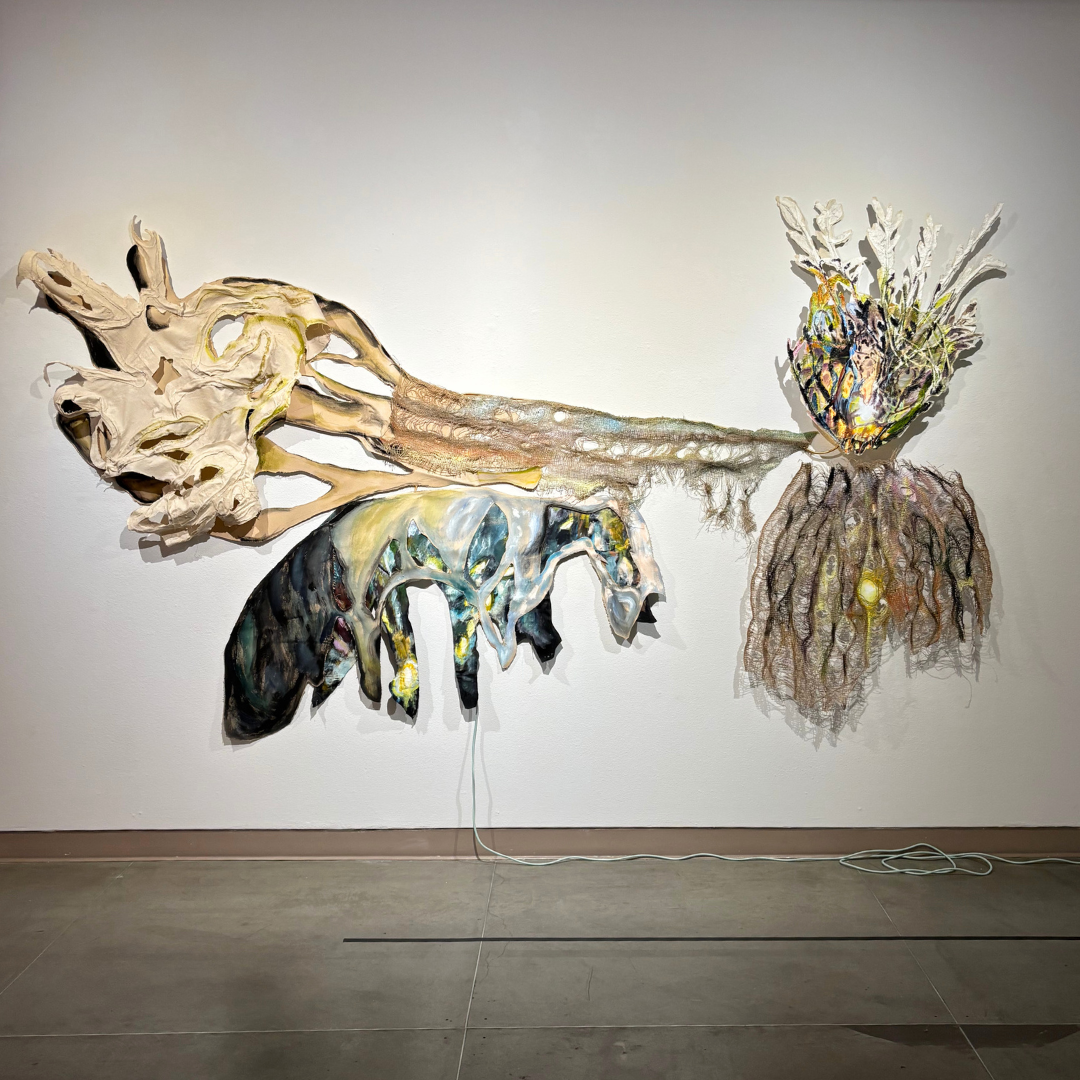 Niki Keenan, They Give Me So Much, 2026, Acrylic on canvas, jute, plaster and wire with lighting component, 72" x 96" x 4"