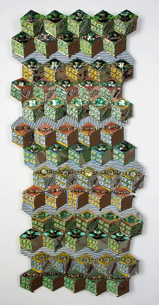 Ross Palmer Beecher, Asian Giant Hornets vs Honeybees, 2021, Oil paint on collaged tin and aluminum, military and denim fabric, and screws, 51 x 23 x 1”, Greg Kucera Gallery