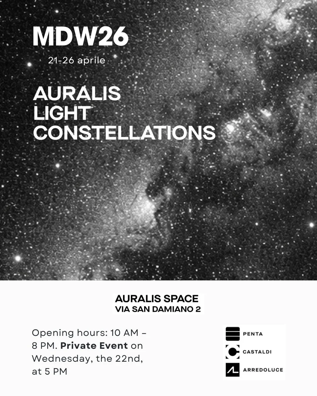 Auralis Milan Design Week 
21 &ndash; 26 April 2026

Scopri le novit&agrave; @pentalight e @castaldi_lighting  presso l&rsquo;Auralis Space. 

📩 Info e dettagli sul private event su richiesta. 

@auralispacemilano 

#SavetheDate #MDW26 #TrendMilanoD