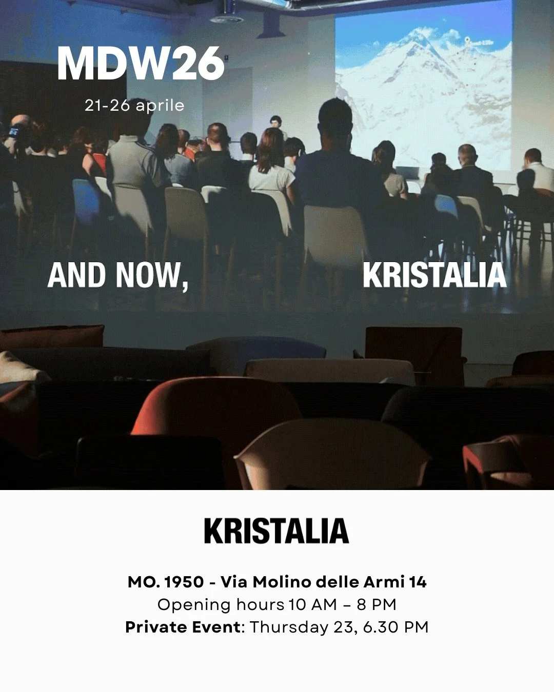 @kristaliadesign Milan Design Week 
21 &ndash; 26 April 2026 
Homebase della settimana: MO.1950 
 @mo.1950_official 

📩 Info e dettagli sul private event su richiesta.