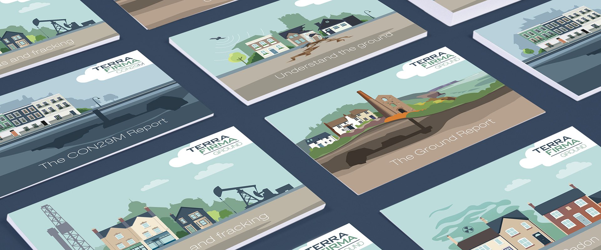 An image showing a grid of postcards illustrating each type of ground stability issue produced for trade shows