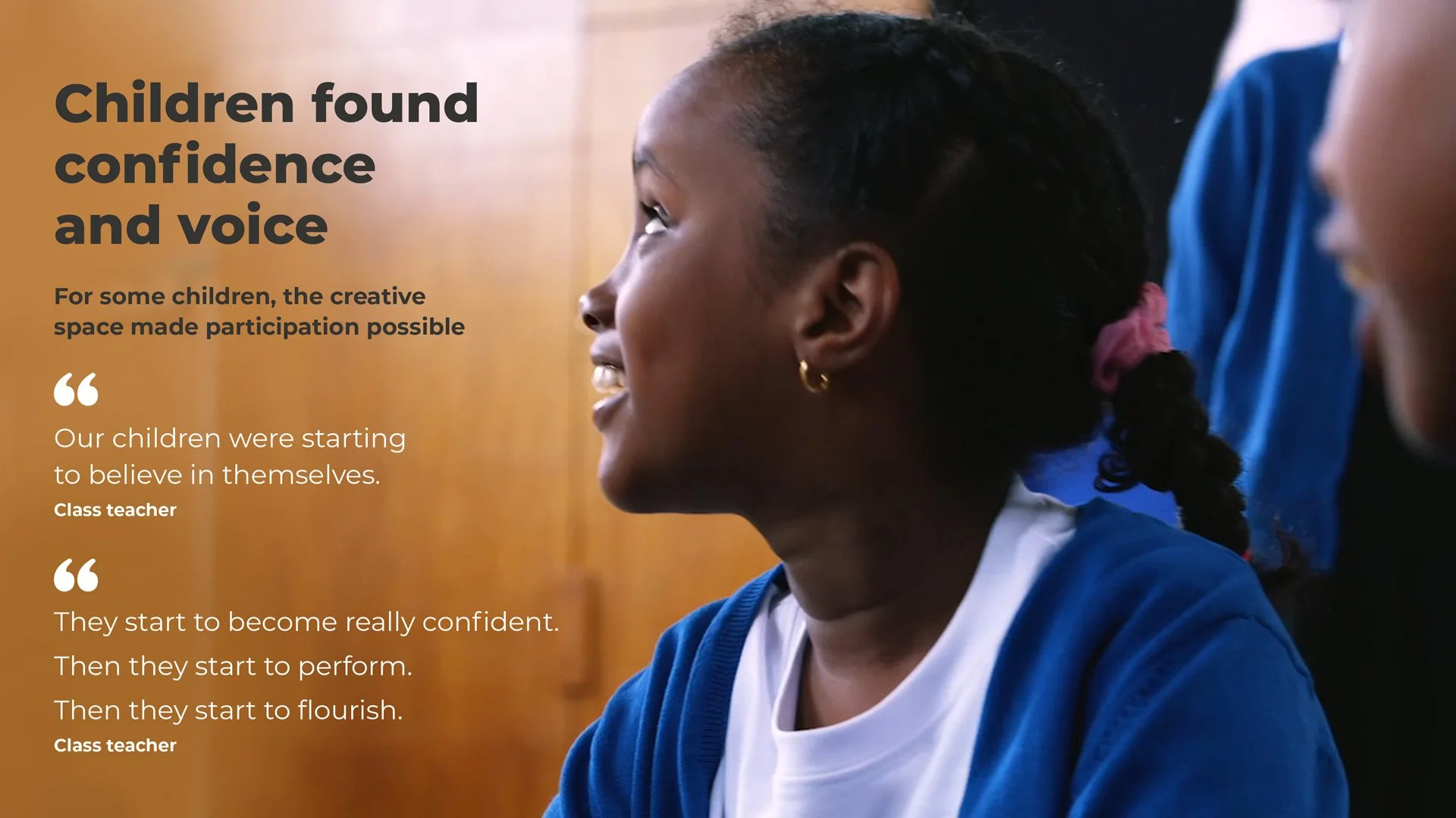 One large case study page with quotes and a dramatic image of a child who also found confidence and voice through the programme