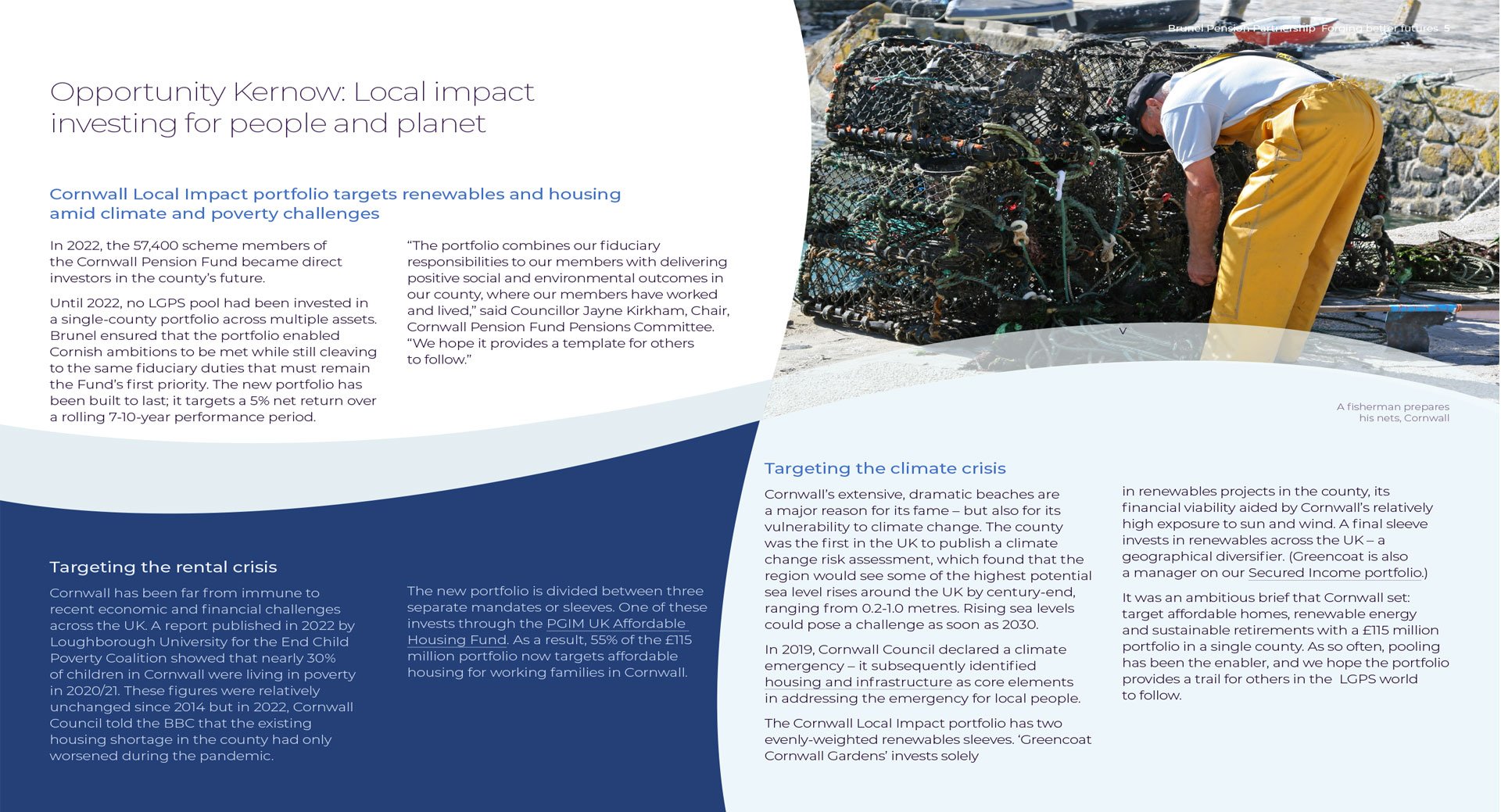 A designed report page laid out in a way to add interest with  a photograph of a fisherman maintaining his lobster pots