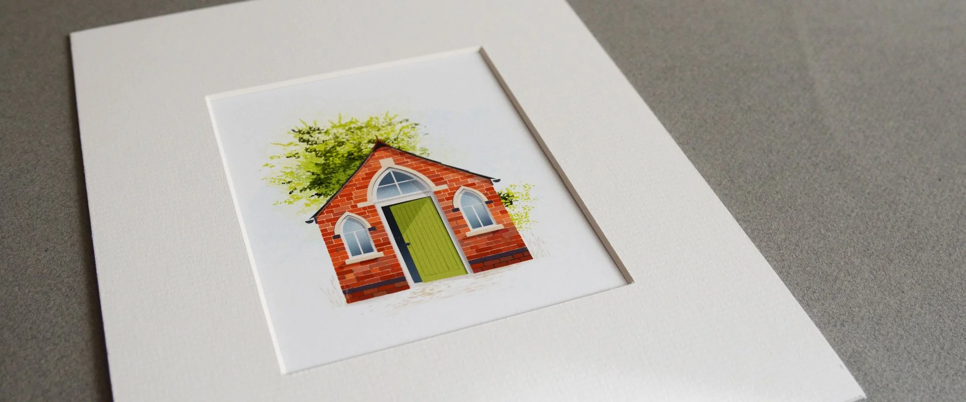 A paper renovation of a small chapel in the Cotswolds. Its brick walls, arched roof  and door as it may have looked.