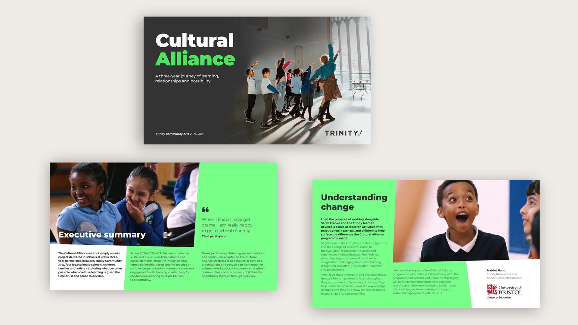 Three pages from the report showing the front cover and executive summary