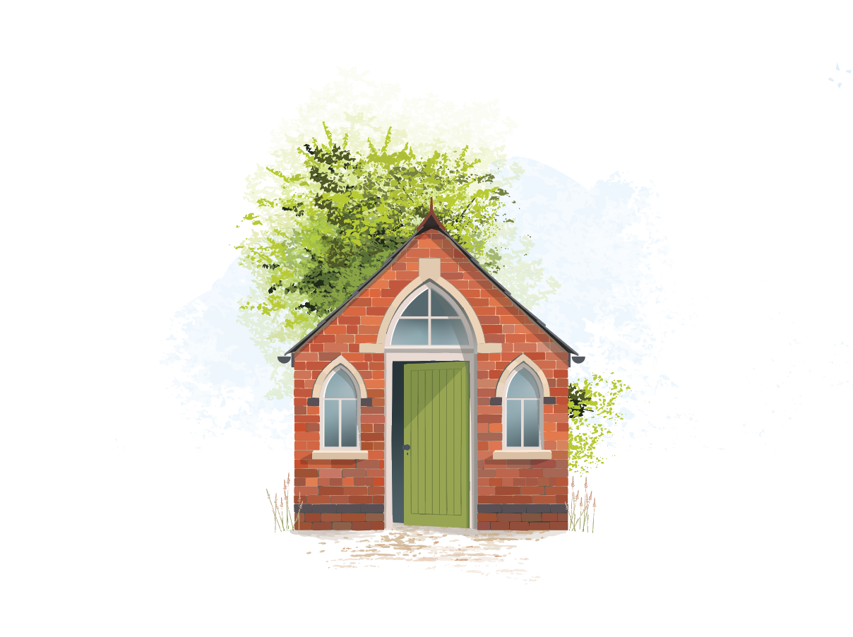 A little red brick chapel illustrated back to life in a paper renovation