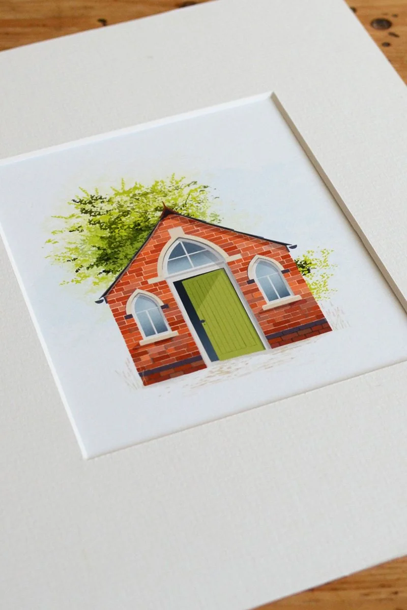 Red brick miniature chapel after a paper renovation. Arched windows and a green door