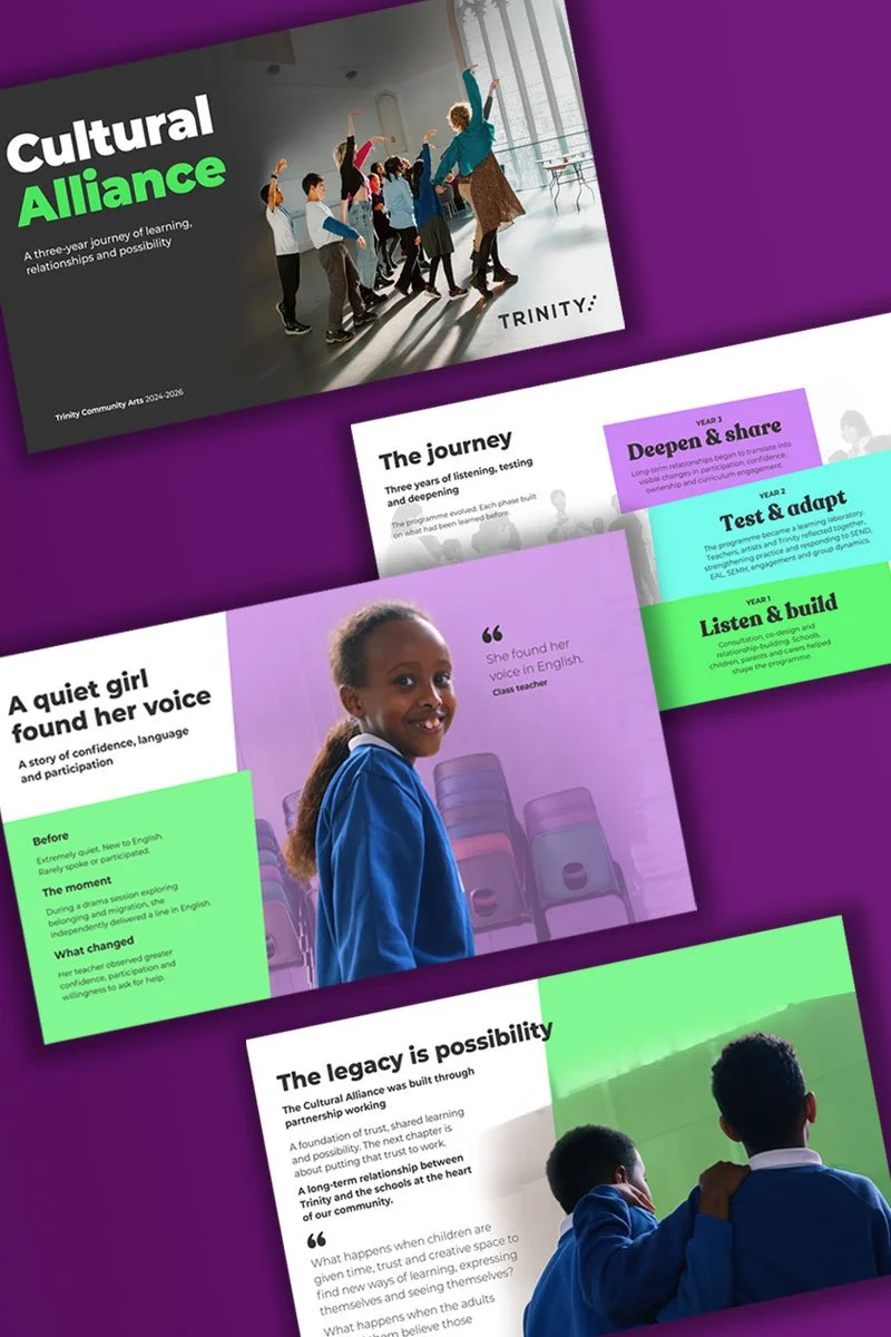 Promotional flyer for Cultural Alliance program featuring children engaging in activities, with sections on their journey, impact stories, and program values, using bright colors and images of children in classrooms.