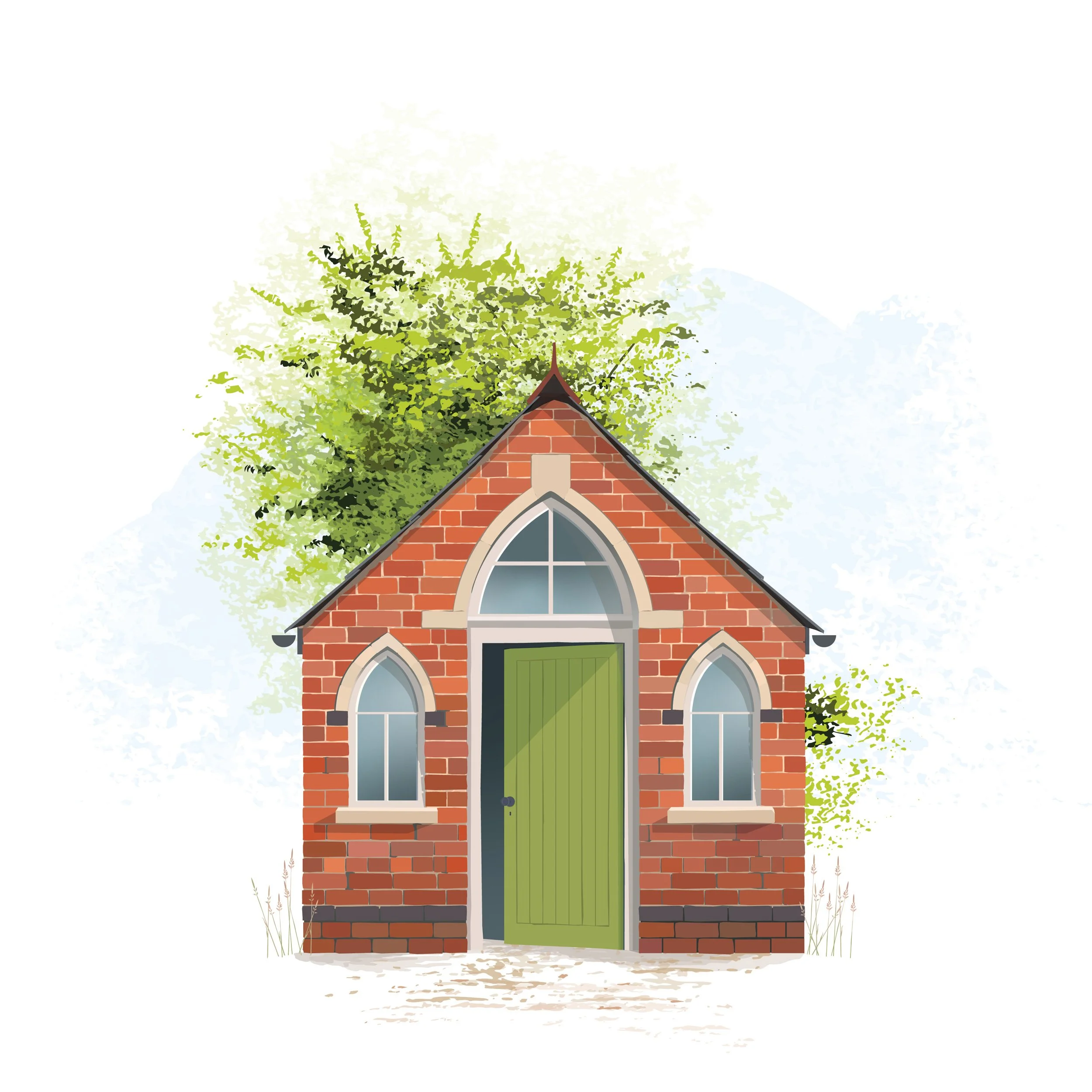 The artwork of the paper renovated redbrick chapel or garden shed.
