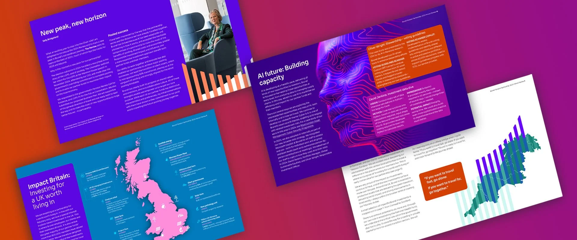 Four slides from the Brunel pensions Partnership Review 2025 showing graphically illustrated articles