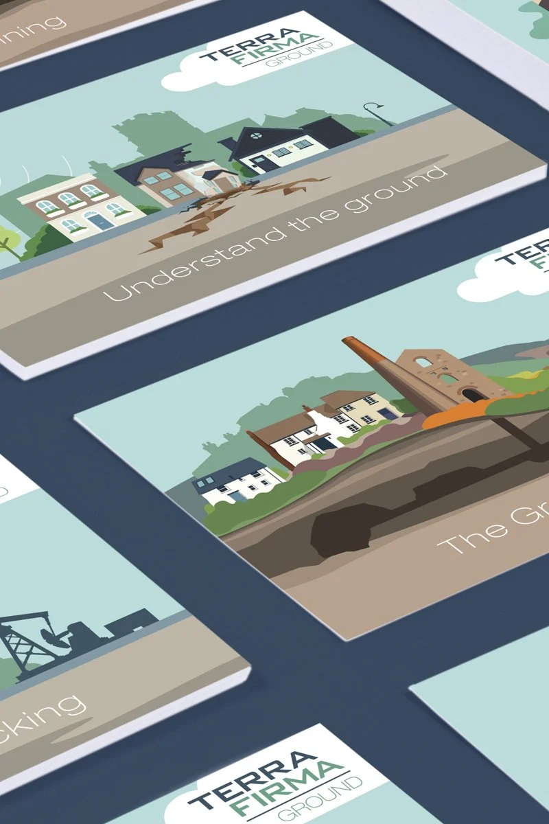 An image showing a grid of postcards illustrating each type of ground stability issue produced for trade shows