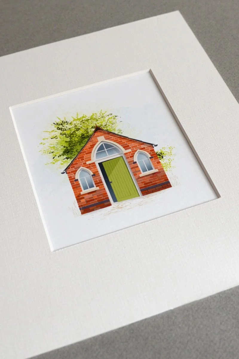 A paper renovation of a small chapel in the Cotswolds. Its brick walls, arched roof  and door as it may have looked.