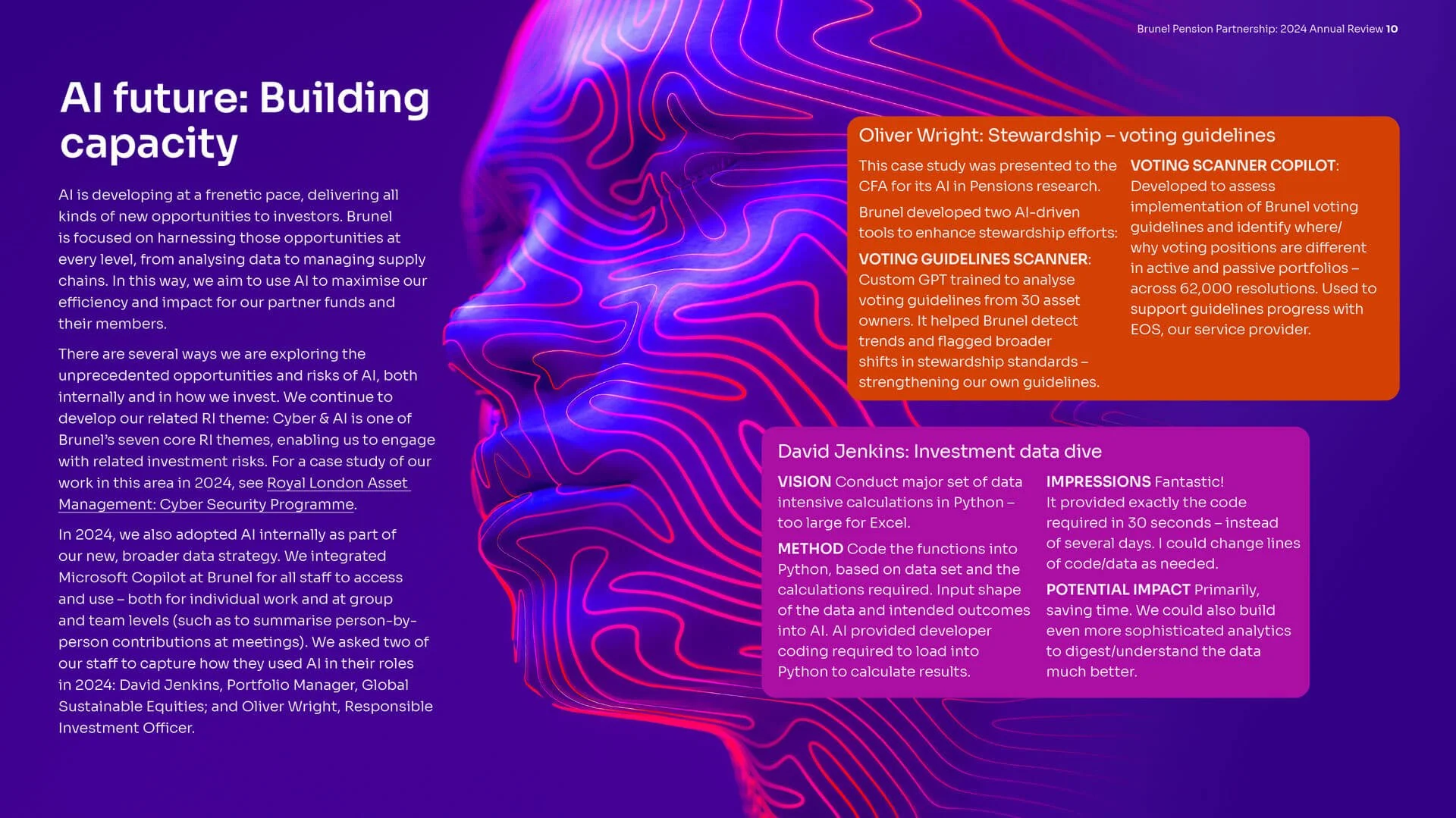 An article from the Annual Review 2025 about AI capacity showing two boxes of text with a tech face behind