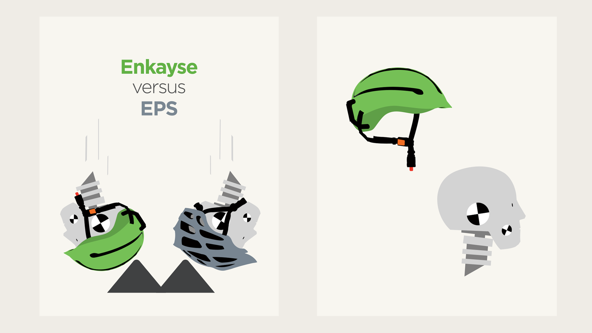 Illustrated test heads, referencing on vehicle safety dummies, to make a simplified visual graphic of the helmet safety testing process.