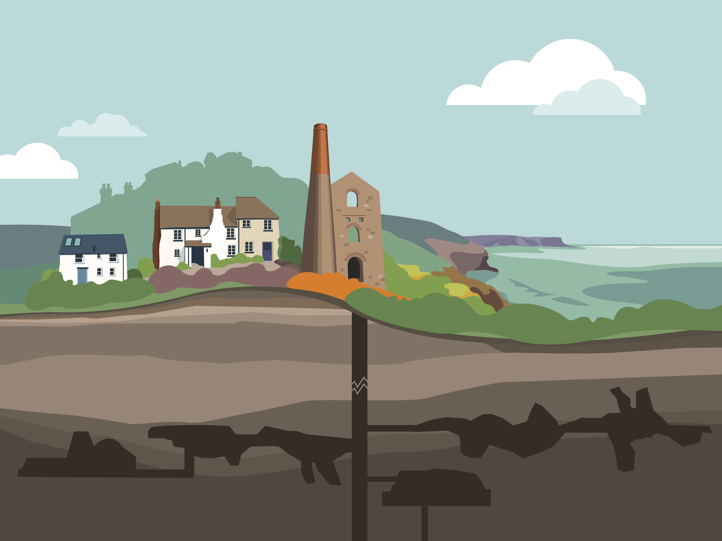An illustration to show mining under Cornwall villages