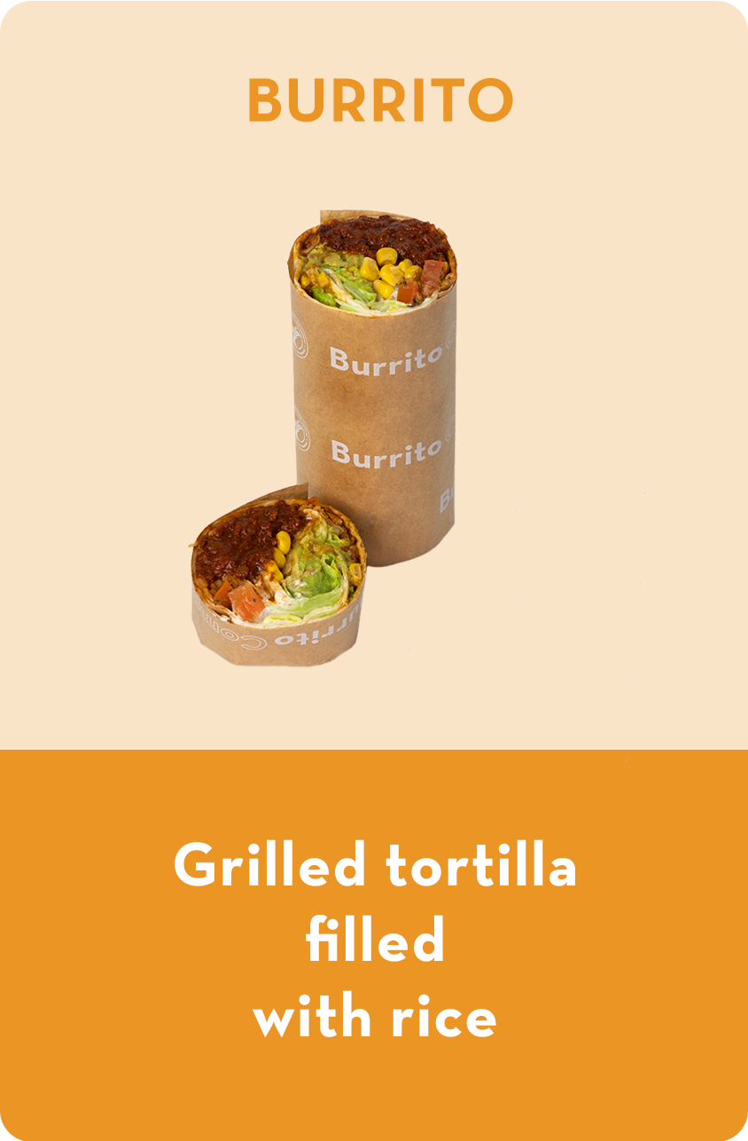 Burrito is a grilled tortilla filled with rice