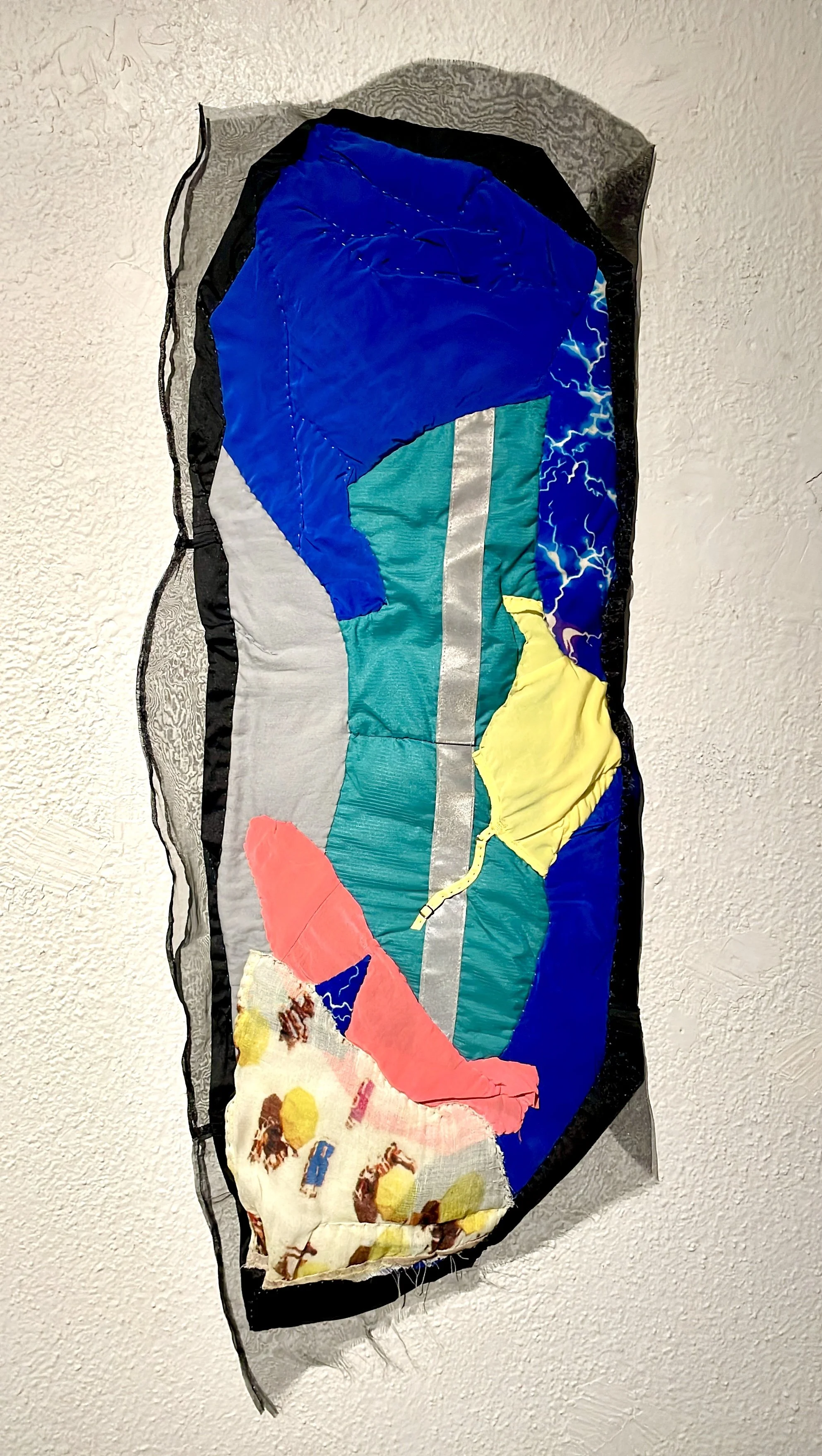 Melissa Word, In Case of Turbulence #5, Textile collage, found fabric and cotton thread, 2025