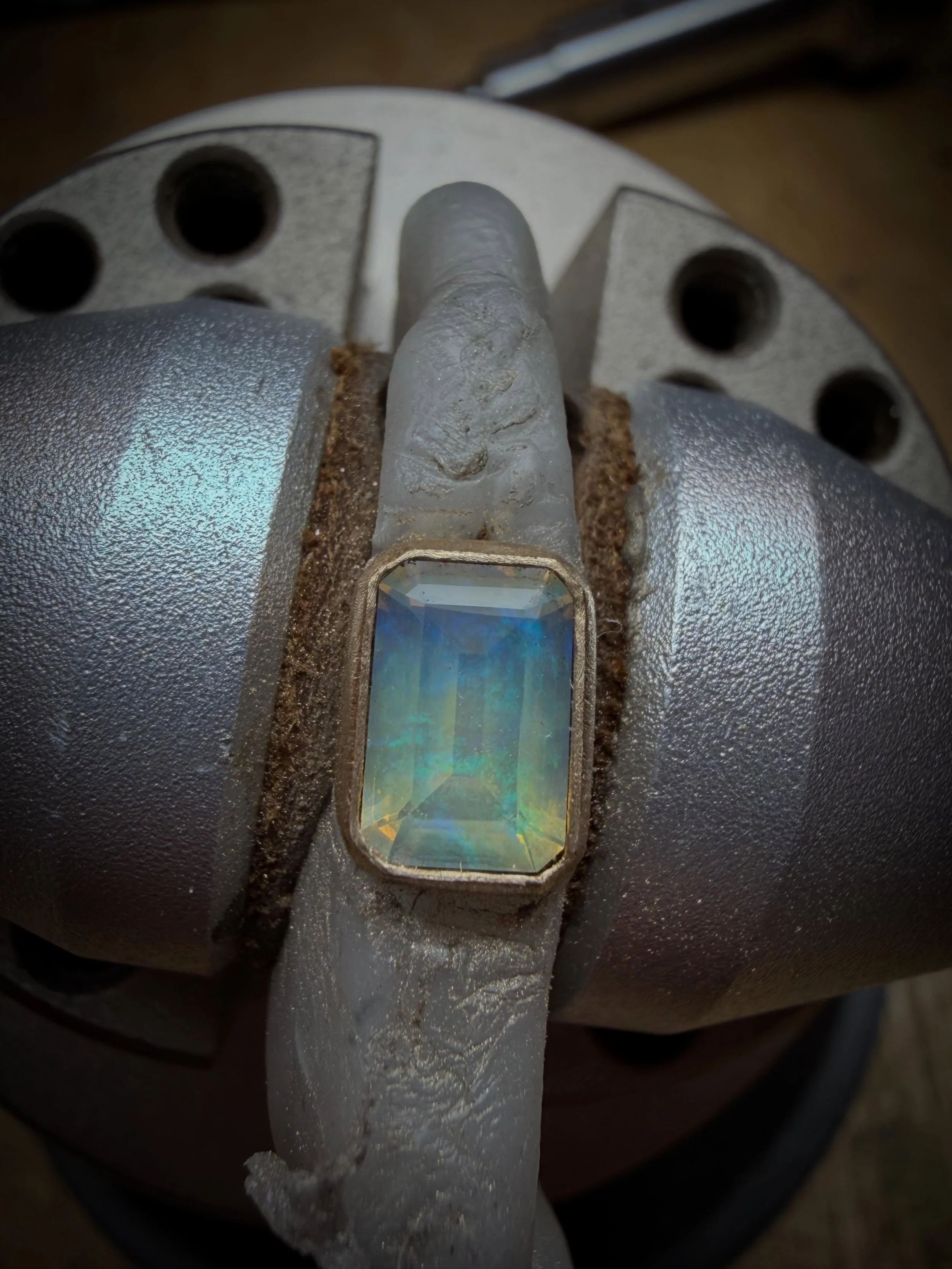 The slowest ring I have EVER made.
I&rsquo;m so scared of braking this opal that I am only working on it for a few minutes each day so I don&rsquo;t lose focus. It is finally taking shape though and the setting seems to be working out so far. For a c