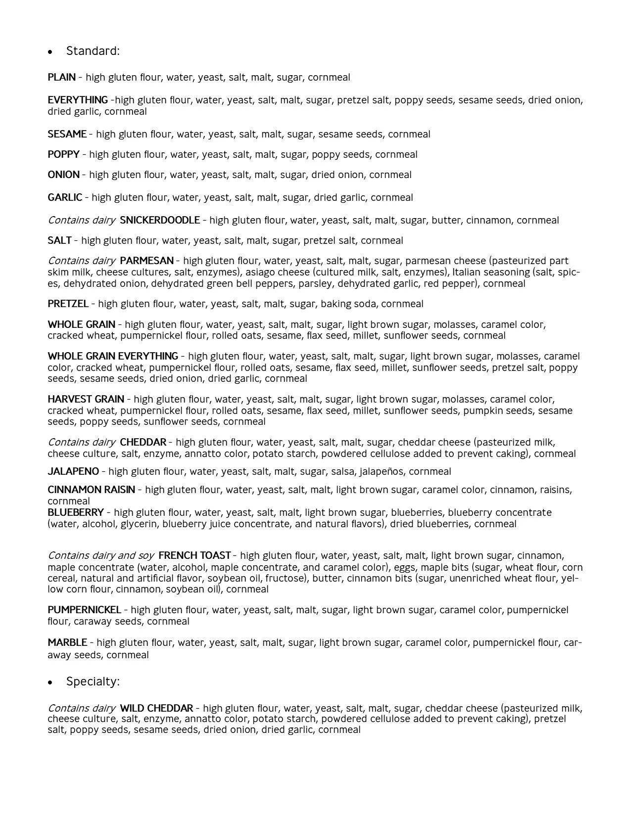 Tandem Bagel Ingredients — Tandem Bagel Company