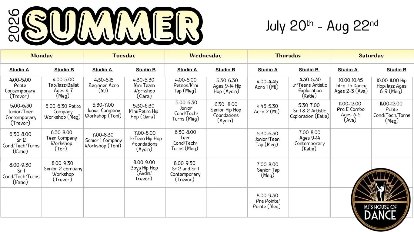 Summer dance camp schedule from July 20 to August 22 with classes in different studios and age groups, featuring activities like hip hop, ballet, tap, and jazz.