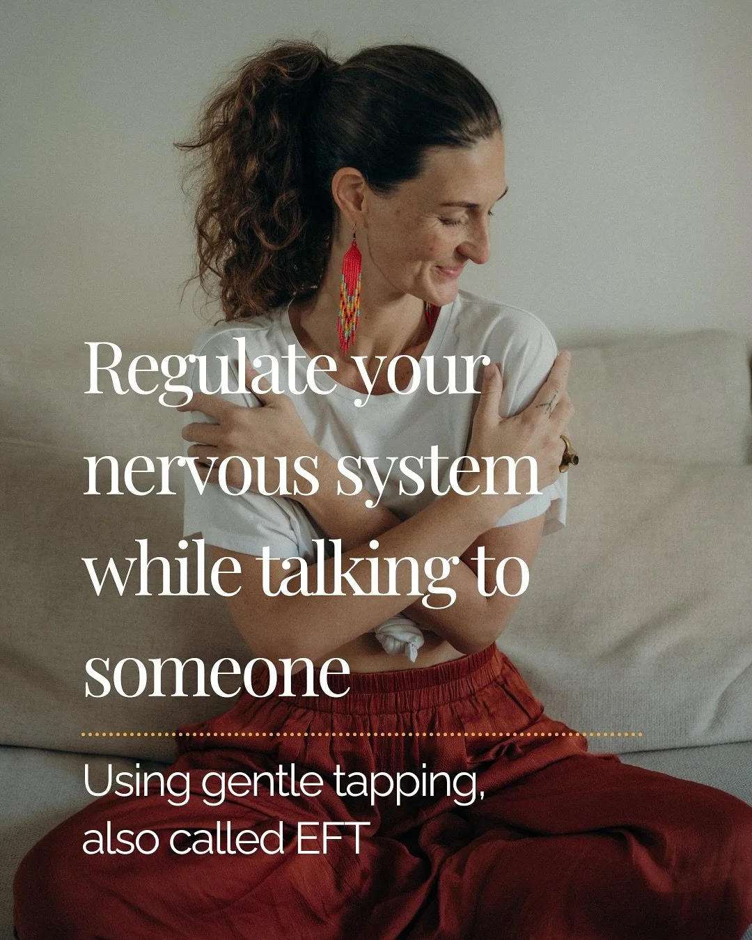Ever felt your body buzzing with nerves while in conversation? 
Here’s a simple way to self-soothe in the moment using gentle tapping (a form of EFT):
• Cross your arms over your chest or lap
• Rest your hands on the oppos