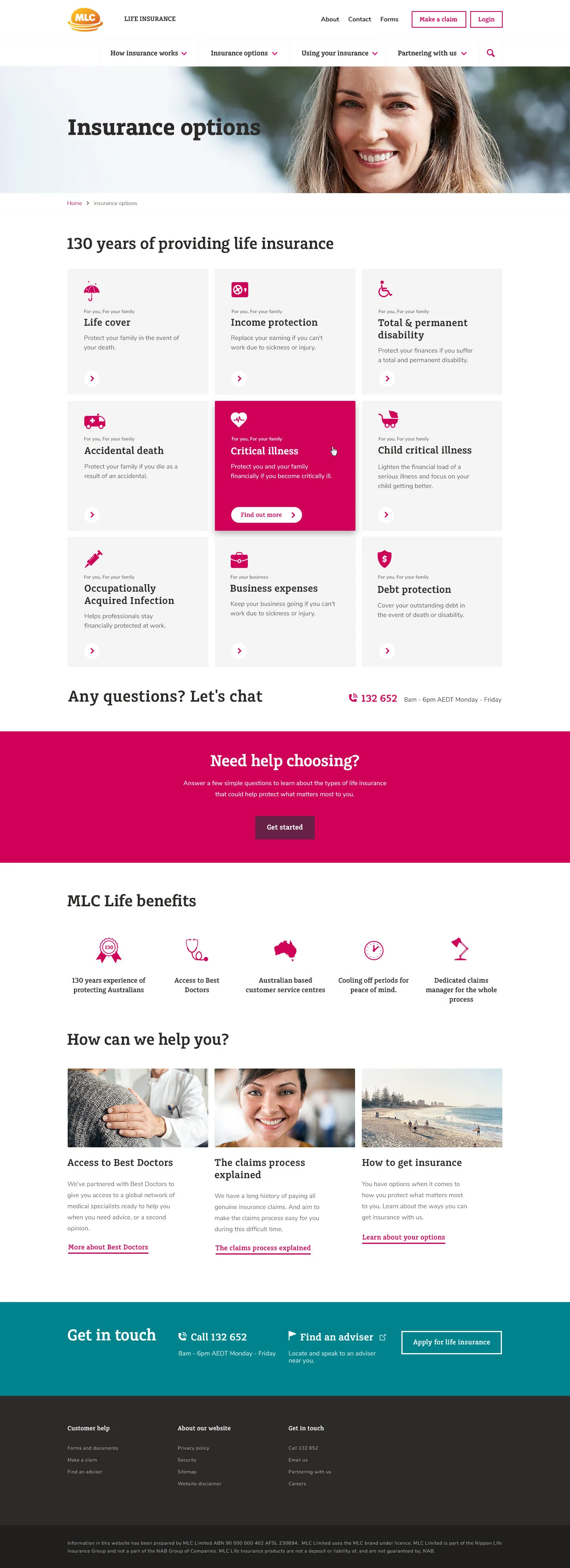 Insurance options page