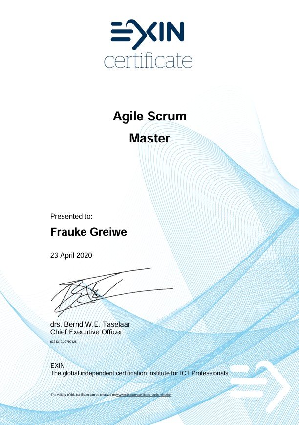 Agile Scrum Master Zertifikat Frauke Greiwe