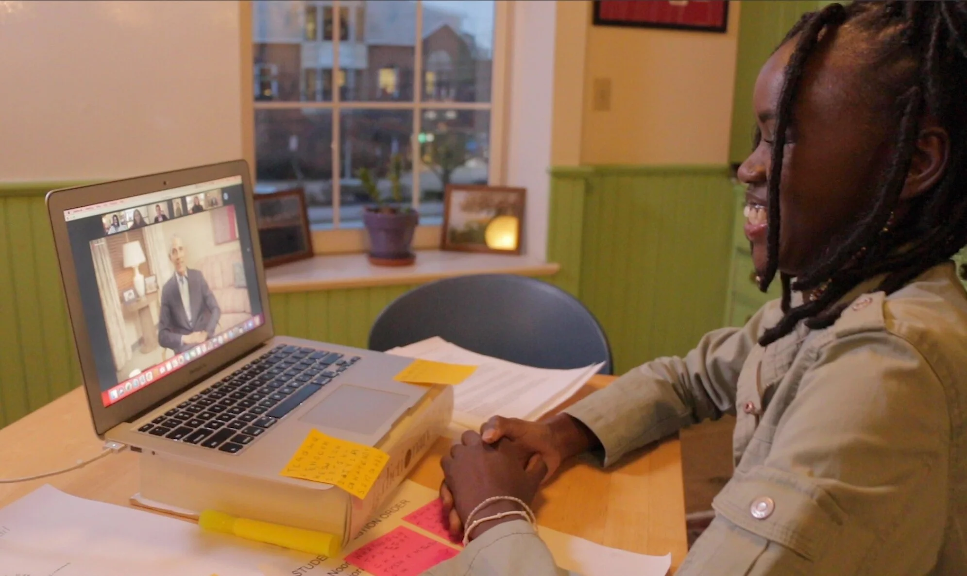 "Obama drops in, via Zoom, for a chat with Telling Room students" (Portland Press Herald)