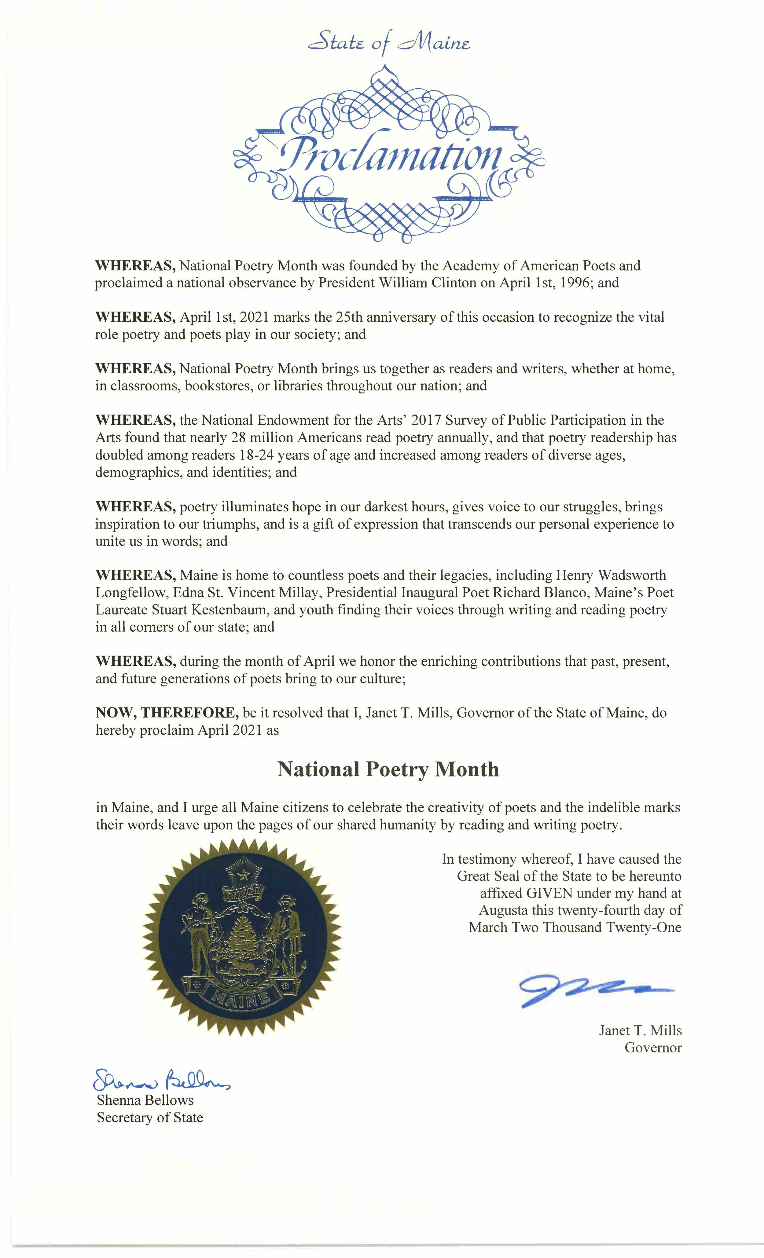 "Governor Mills Proclaims April 2021 as National Poetry Month" (Maine Department of Education)