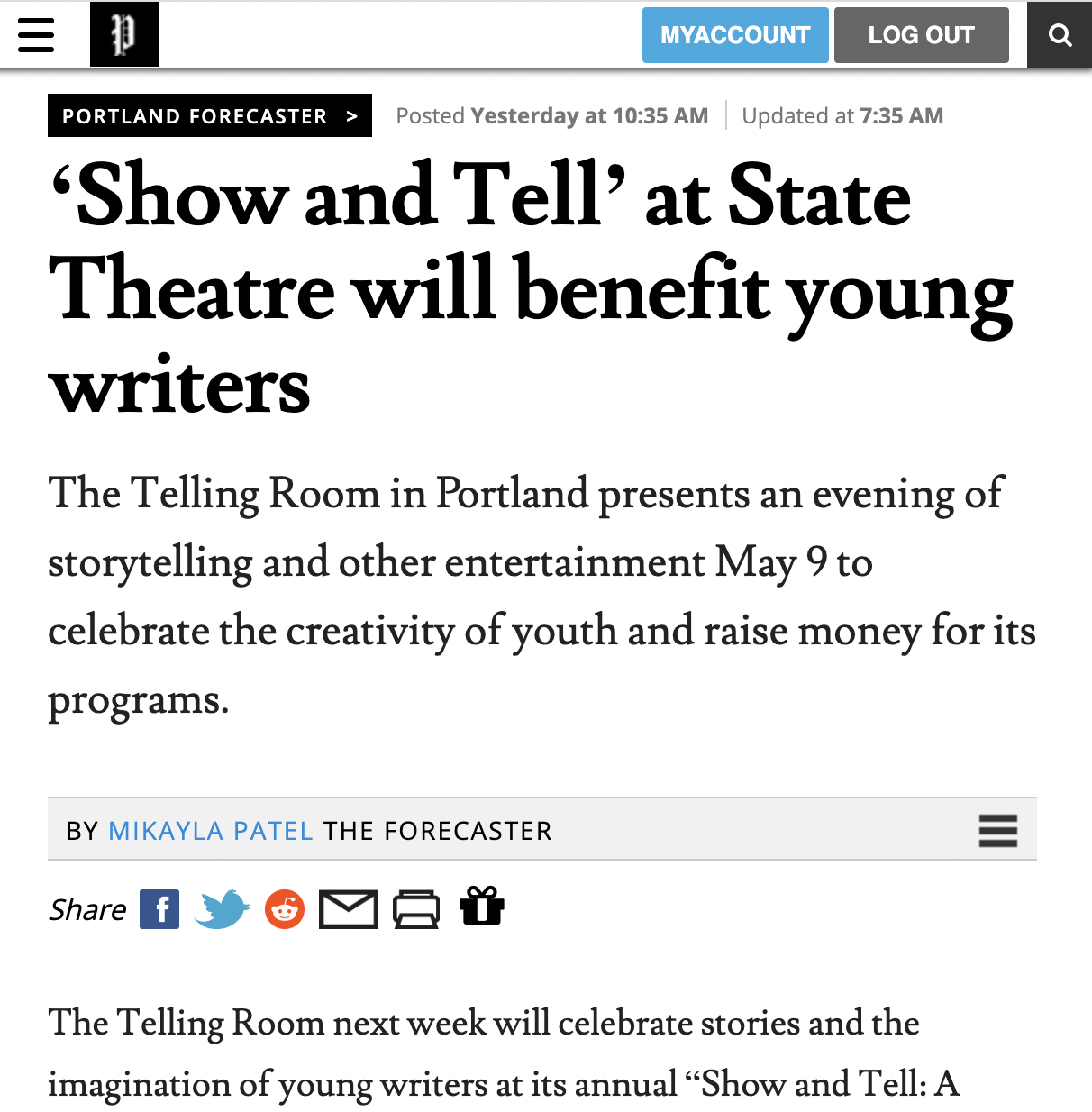 ‘Show and Tell’ at State Theatre will benefit young writers (The Forecaster)