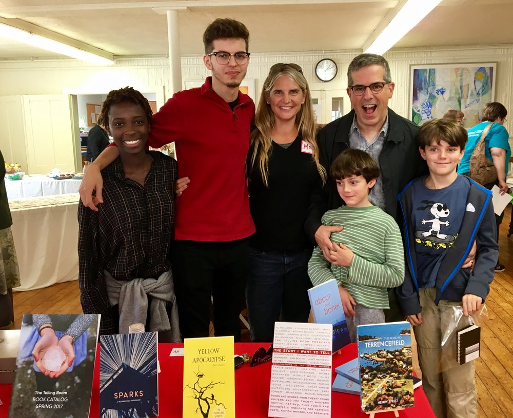  From left to right_ Telling Room Ambassadors Husna Quinn, Salar Salim, and Molly McGrath with author Jonathan Lethem and sons at the Word Festival in Blue Hill, ME 