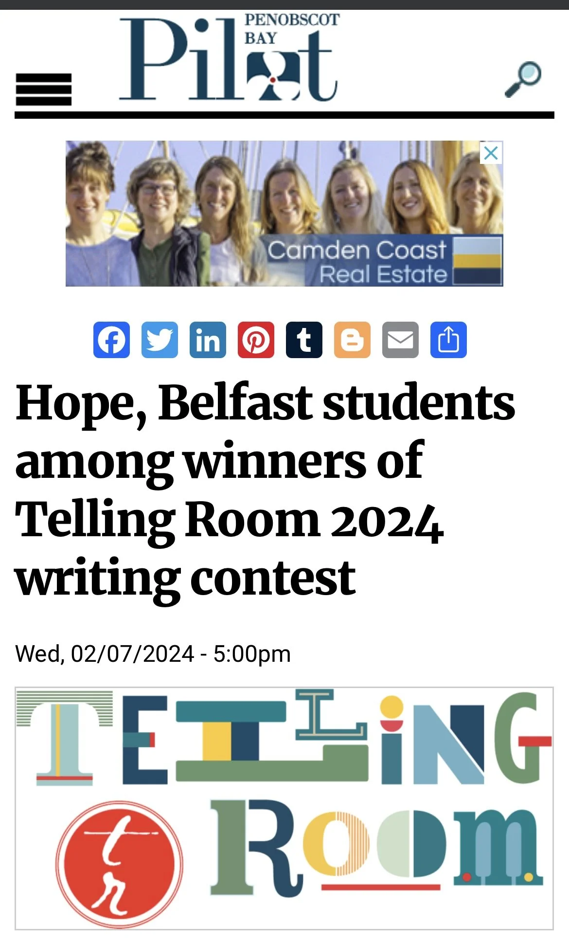 Hope, Belfast students among winners of Telling Room 2024 writing contest (Pen Bay Pilot)