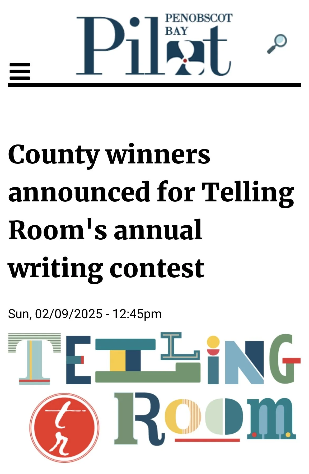 County Winners Announced for Telling Room's Annual Writing Contest (Penobscot Bay Pilot)