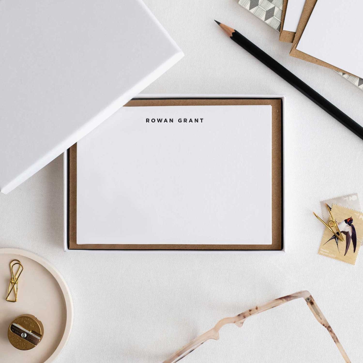 Personalised notecards letterpress printed in black ink