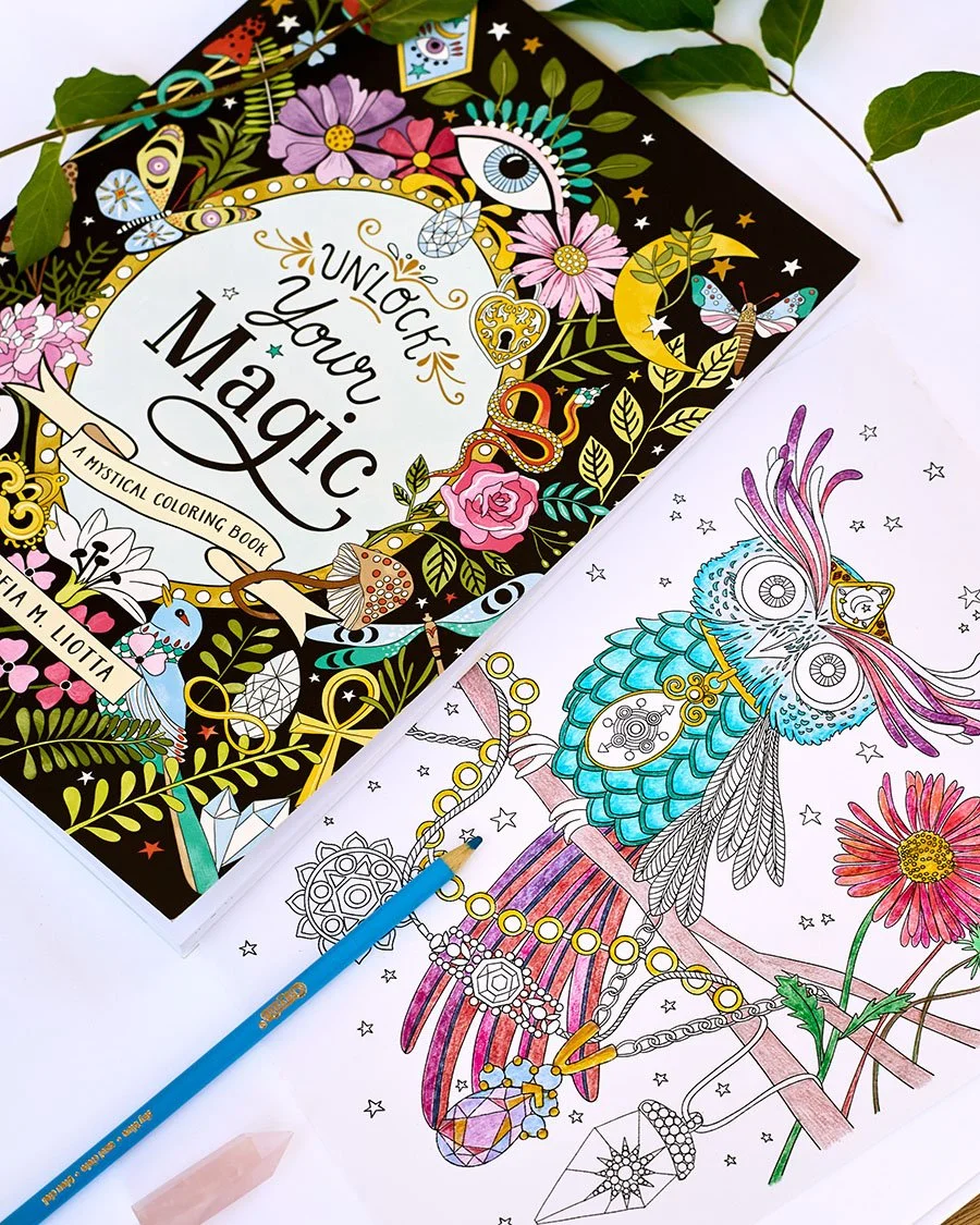 A colored page from Unlock Your Magic: A Mystical Coloring Book, designed and illustrated by Sofia M. Liotta