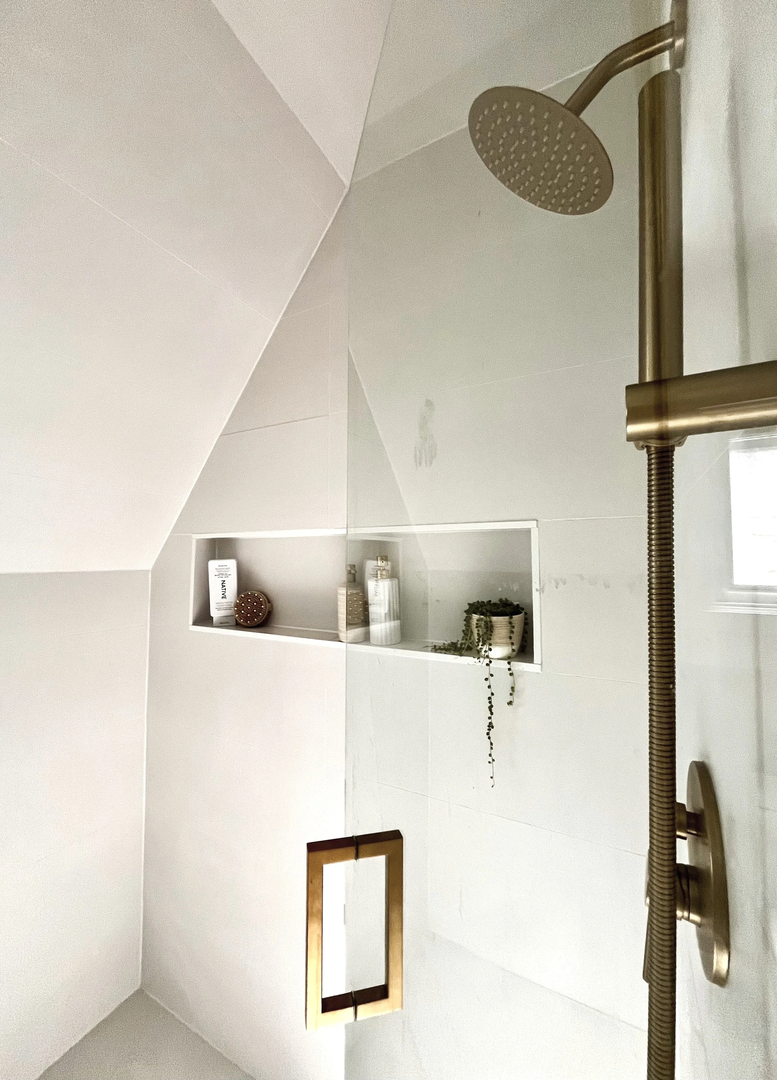 Spa-like walk-in shower bathroom  renovation & interior design in Hudson qc