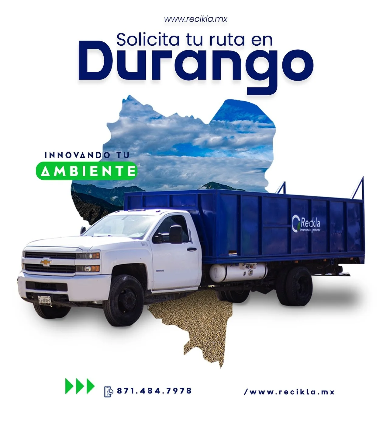 🌎 ¿Tu empresa está en Durango? ¡Ya puedes contratar tu ruta con nosotros!
Visita 👉🏼 www.recikla.mx 
📝 Solicita tu servicio y olvídate de preocupaciones.
Con Recikla Ambiental obtienes:
🚮 Contenedores de 3m³, 7m&s