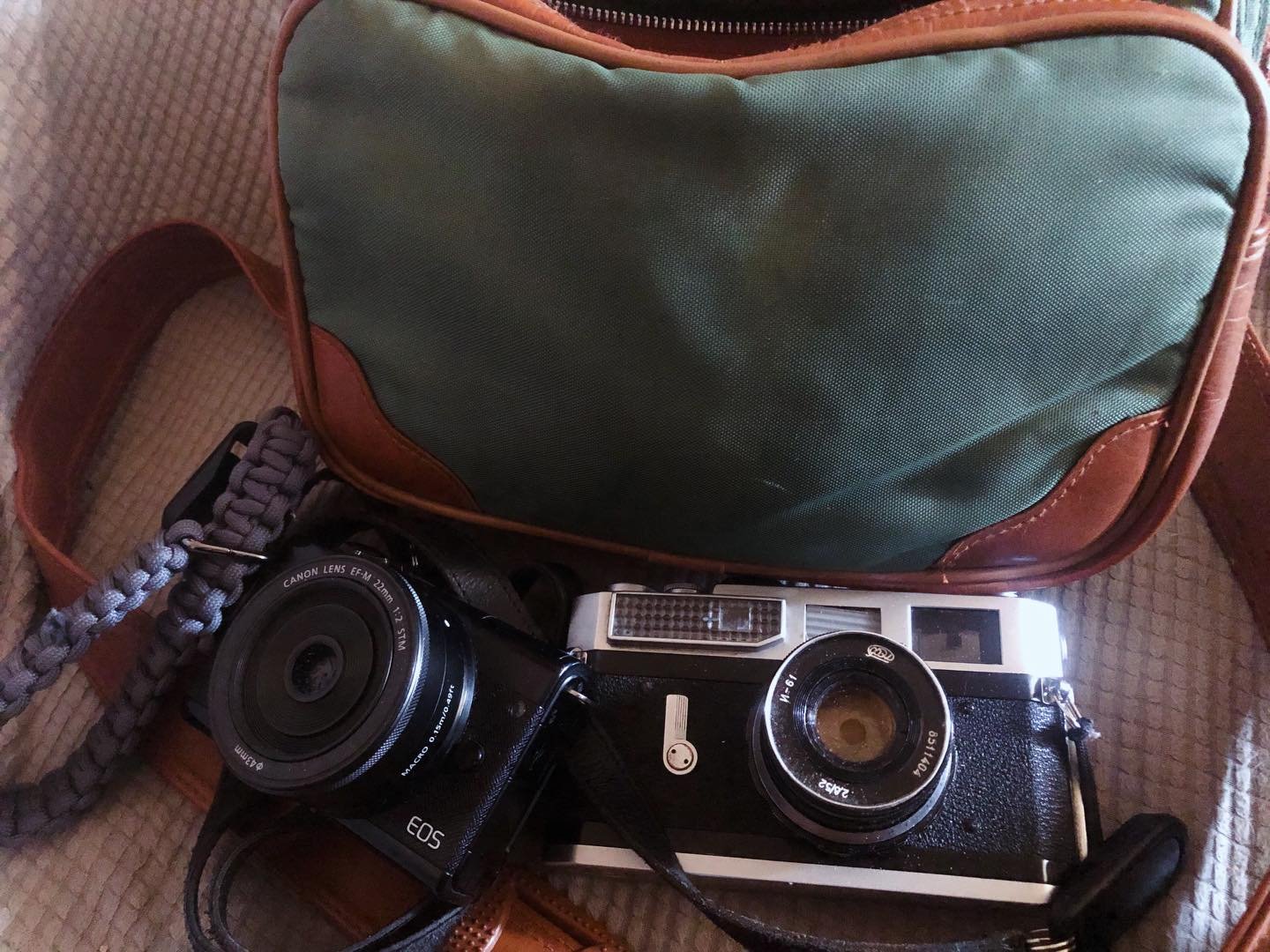 The set-up for tomorrow: 
Canon M200
Canon Model 7 
Cool bag from the 70s