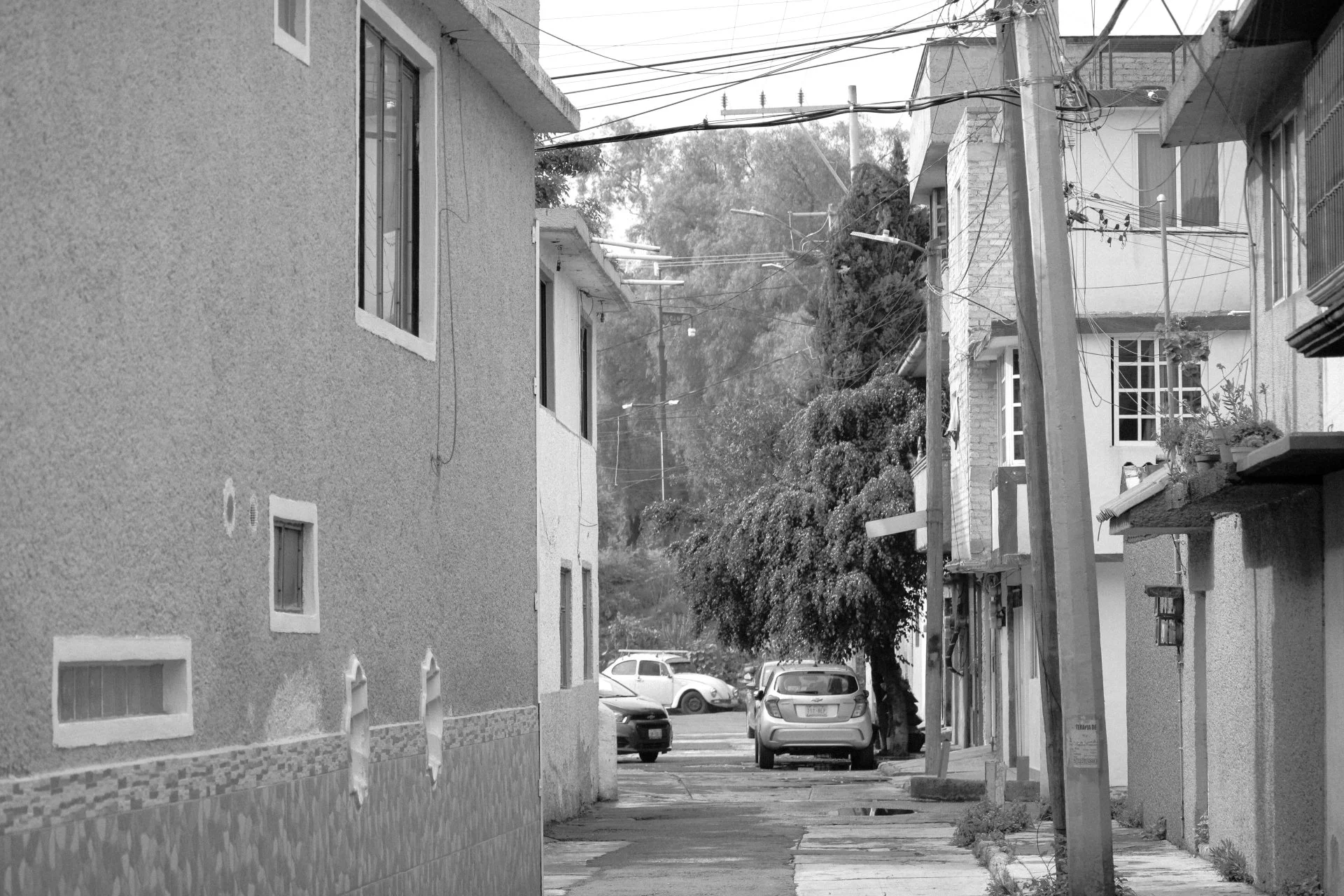 Street view featuring residential buildings, parked cars, and utility poles with overhead wires.