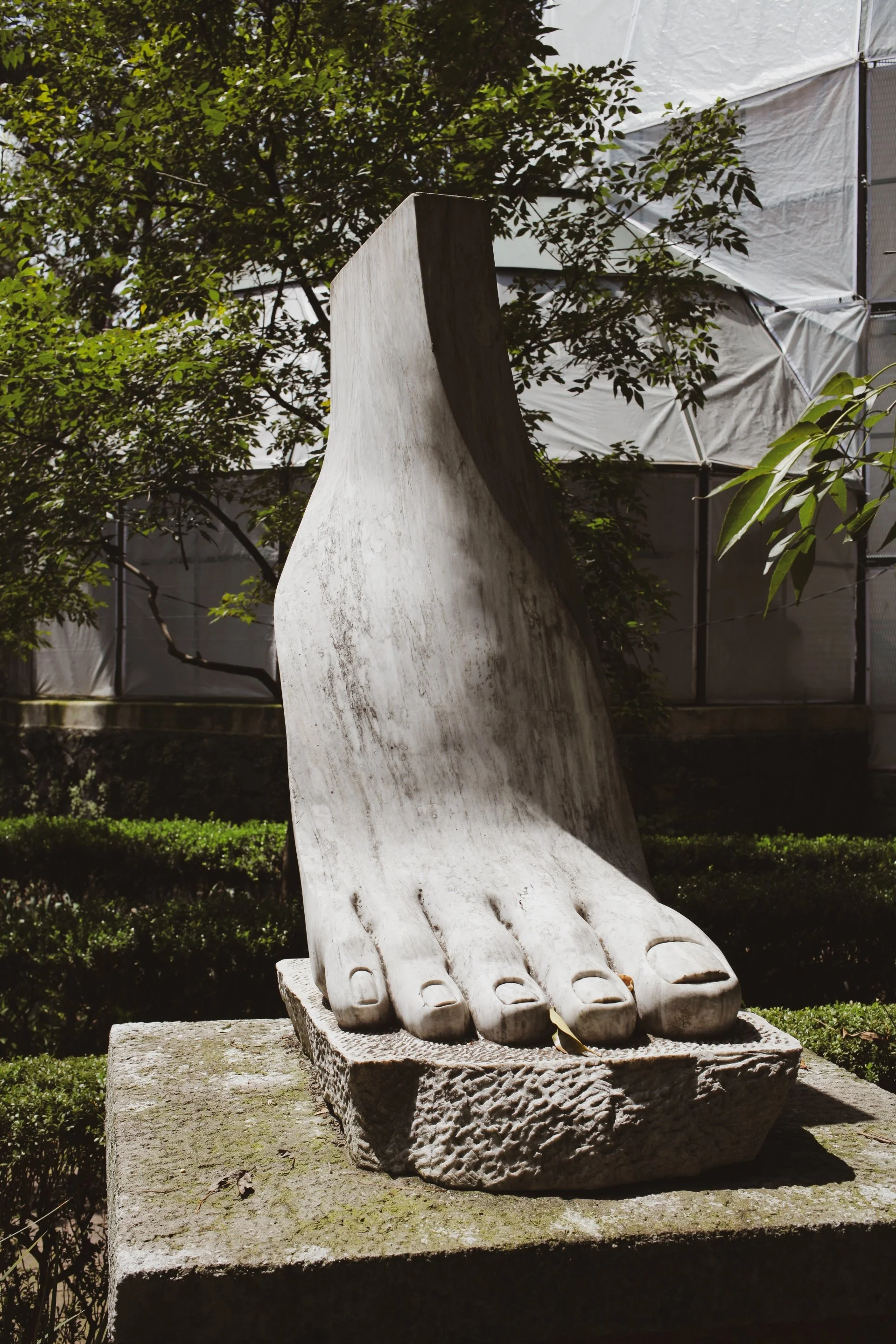 A large marble sculpture of a human foot, with toes visible, situated outdoors on a stone pedestal in front of green bushes and a modern building with reflective metallic panels.