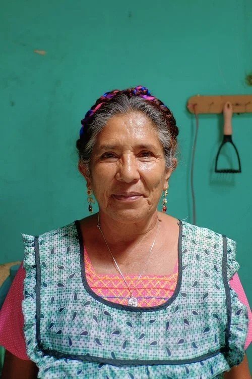 A smiling older woman with gray hair styled with braids and colorful hair accessories, wearing earrings, a necklace, a patterned apron, and a pink shirt, standing against a teal wall with a gardening tool hanging in the background.