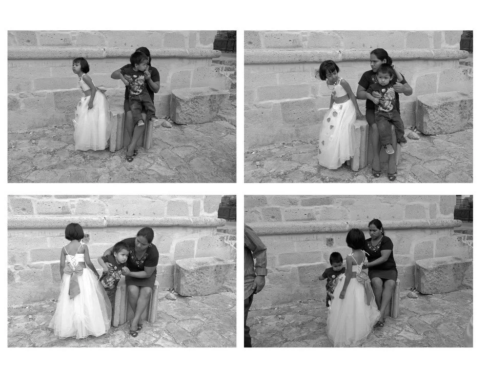 Four black and white photos of children and a woman near a stone wall. The children are dressed in formal or festive clothes. The woman interacts with the children, who are playing and sitting on a stone bench.